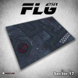 Sector 17 gaming mat shown at an angle, printed with a dark gray sci-fi industrial layout, panel lines, red circular markings and a row of white triangular symbols. The image also displays “FLG MATS” and “Sector 17.”