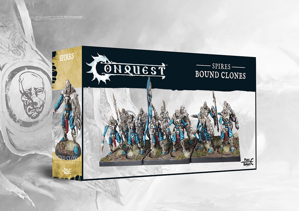 Boxed fantasy miniatures set shown from the front and left side, with a lineup of armored figures in silver, turquoise and red holding spears on rocky bases. The front reads “CONQUEST” and “SPIRES — BOUND CLONES.”