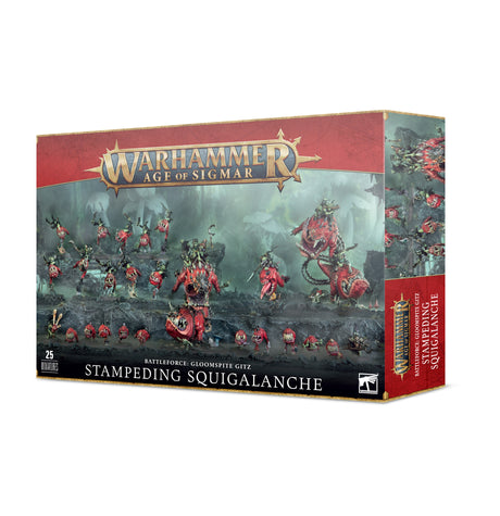 A Warhammer miniature set box shown from the front and right side, with artwork of red squig creatures and small armored figures in a smoky landscape. The package reads “WARHAMMER AGE OF SIGMAR” and “STAMPEDING SQUIGALANCHE.”