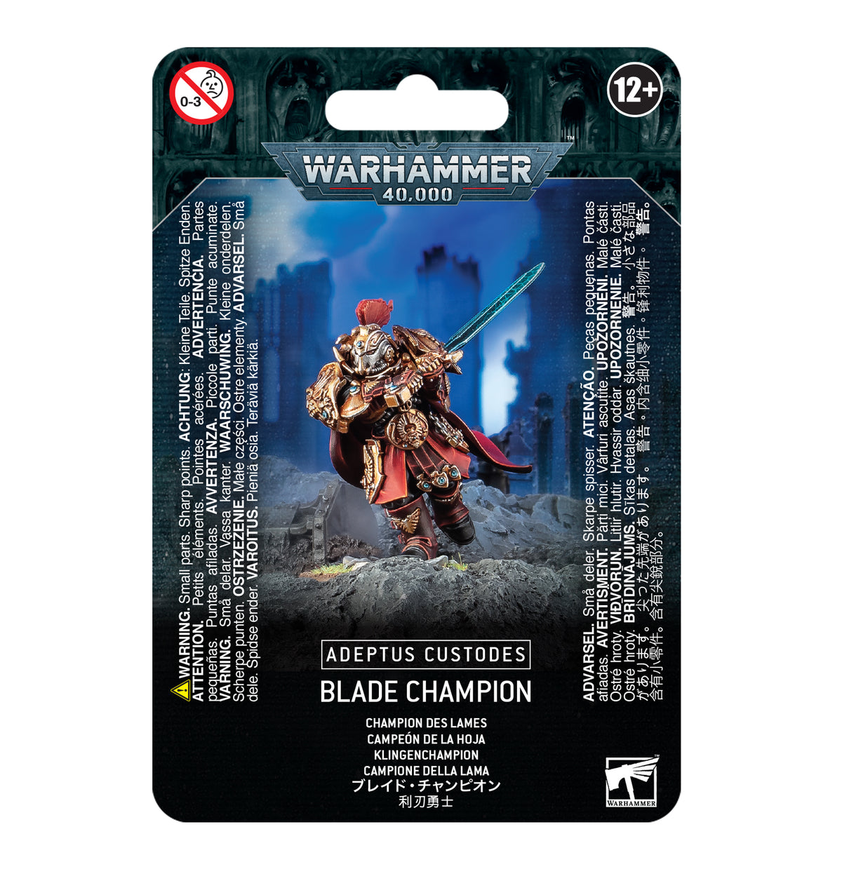 Front of a Warhammer 40,000 blister-card package showing a gold-armored Blade Champion with a red cape and raised blue-green sword against a blue battlefield scene. The card reads “ADEPTUS CUSTODES” and “BLADE CHAMPION,” with a 12+ age mark.