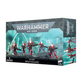 Box for Aeldari Wraithguard miniatures, with five red-armored figures wearing white helmets and carrying weapons against a blue-green scene on the front; the right side shows more figure artwork. Prominent text reads “WARHAMMER 40,000,” “5 MINIATURES,” and “AELDARI WRAITHGUARD.”