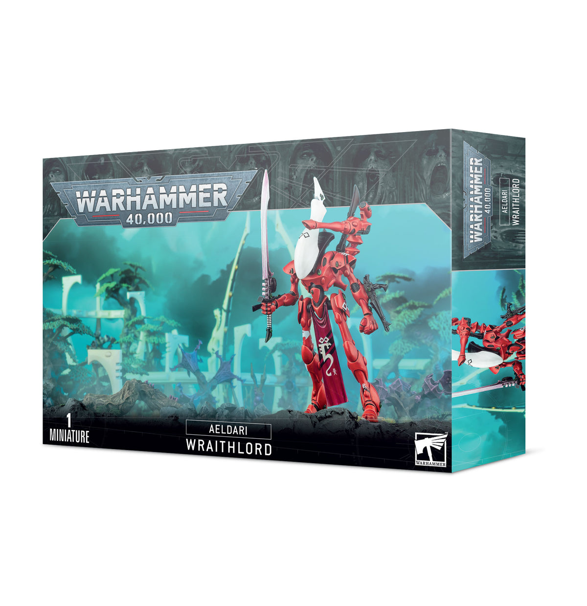 Warhammer 40,000 Aeldari: Wraithlord miniature kit box, showing a tall red armored figure with a long sword and large white shoulder plate against a turquoise science-fiction scene; the front reads “WARHAMMER 40,000,” “AELDARI” and “WRAITHLORD.”