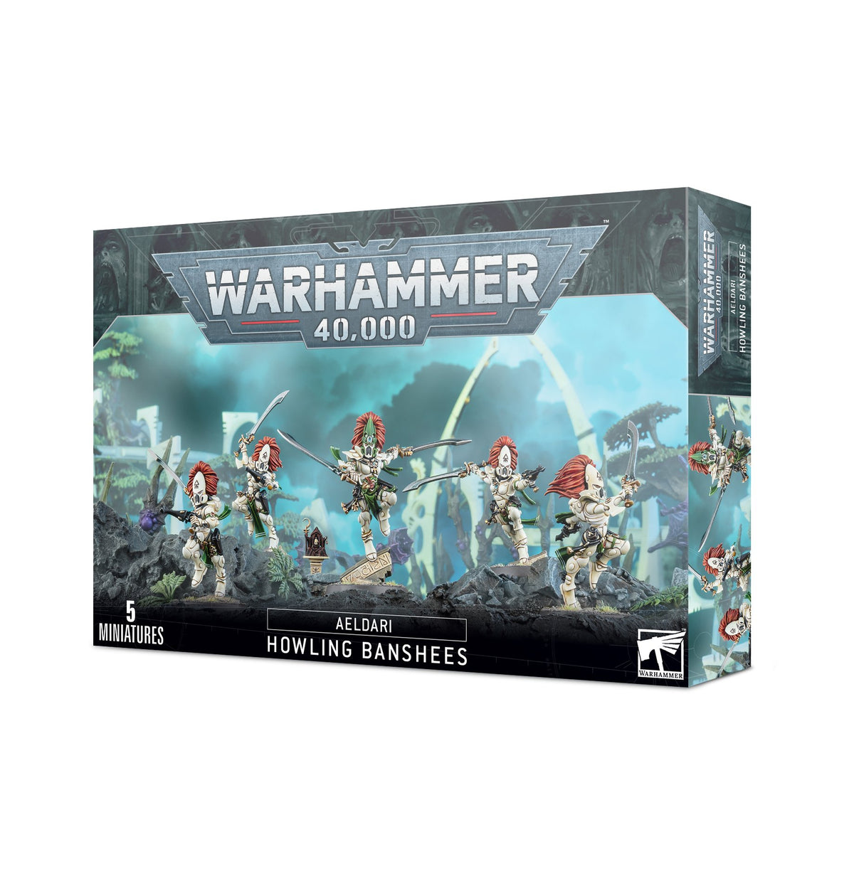 Box for Aeldari: Howling Banshees, with five white-armored, red-haired figures carrying weapons against a blue-green battlefield scene. The front reads “WARHAMMER 40,000,” “AELDARI,” “HOWLING BANSHEES” and “5 MINIATURES”; artwork also appears on the right side panel.
