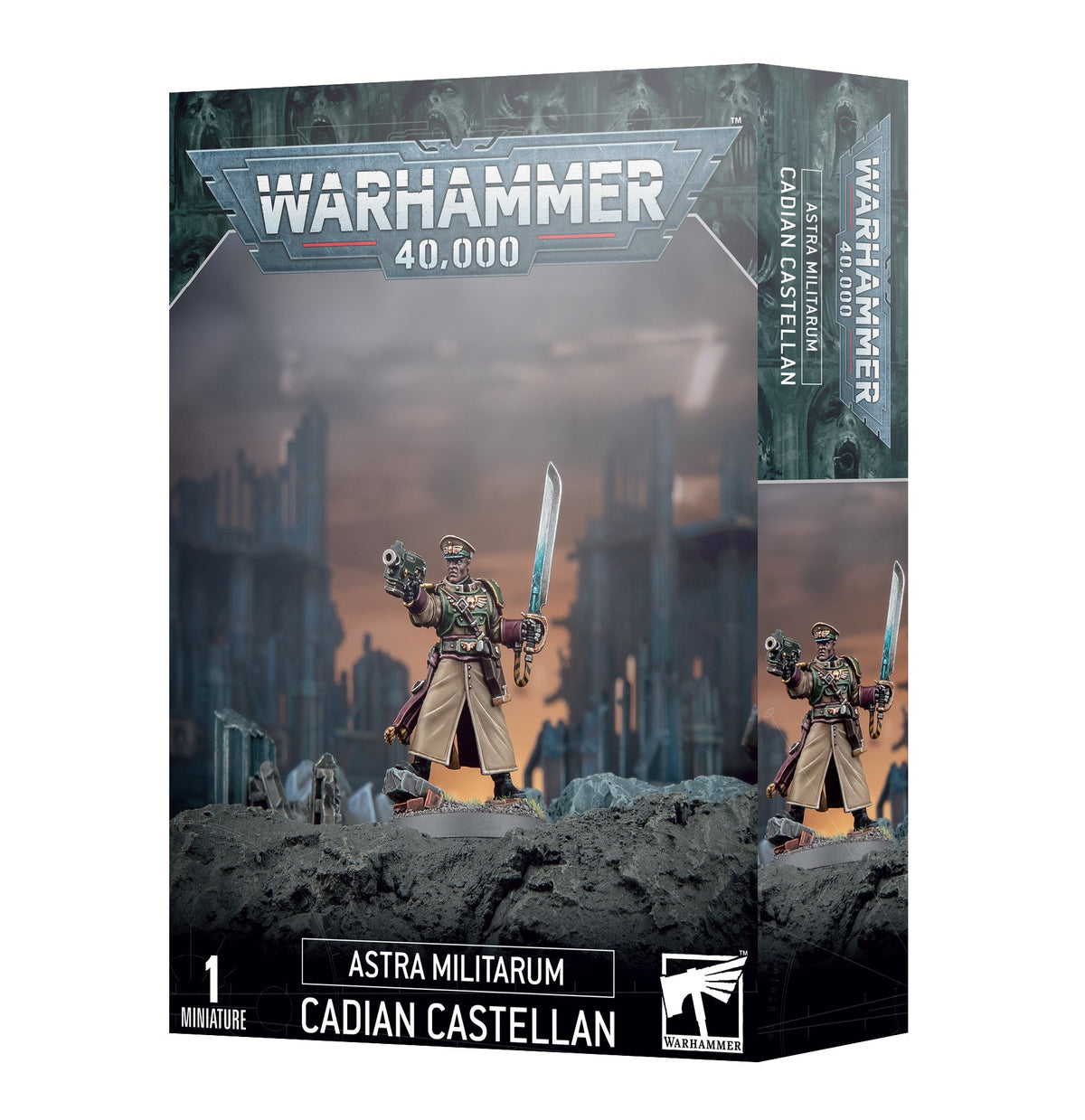 Box packaging for a Cadian Castellan miniature, showing a uniformed soldier holding a gun and raised sword amid rubble and ruined buildings; the front and side repeat the artwork. Text reads “WARHAMMER 40,000,” “ASTRA MILITARUM,” and “CADIAN CASTELLAN.”