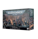 Box of Astra Militarum Attilan Rough Riders, with artwork of armored soldiers carrying lances on mounted steeds against a smoky battlefield. The dark green front and illustrated side panel show “WARHAMMER 40,000,” “ASTRA MILITARUM ATTILAN ROUGH RIDERS,” and “5 MINIATURES.”