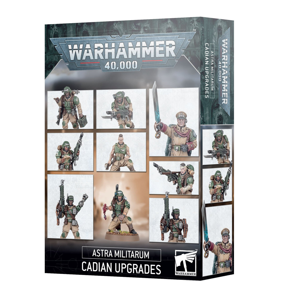 Warhammer 40,000 Astra Militarum: Cadian Upgrades box shown from the front and right side. The dark green and black packaging displays painted sci-fi soldiers in green armor and tan clothing, carrying weapons; text reads “WARHAMMER 40,000” and “ASTRA MILITARUM CADIAN UPGRADES.”