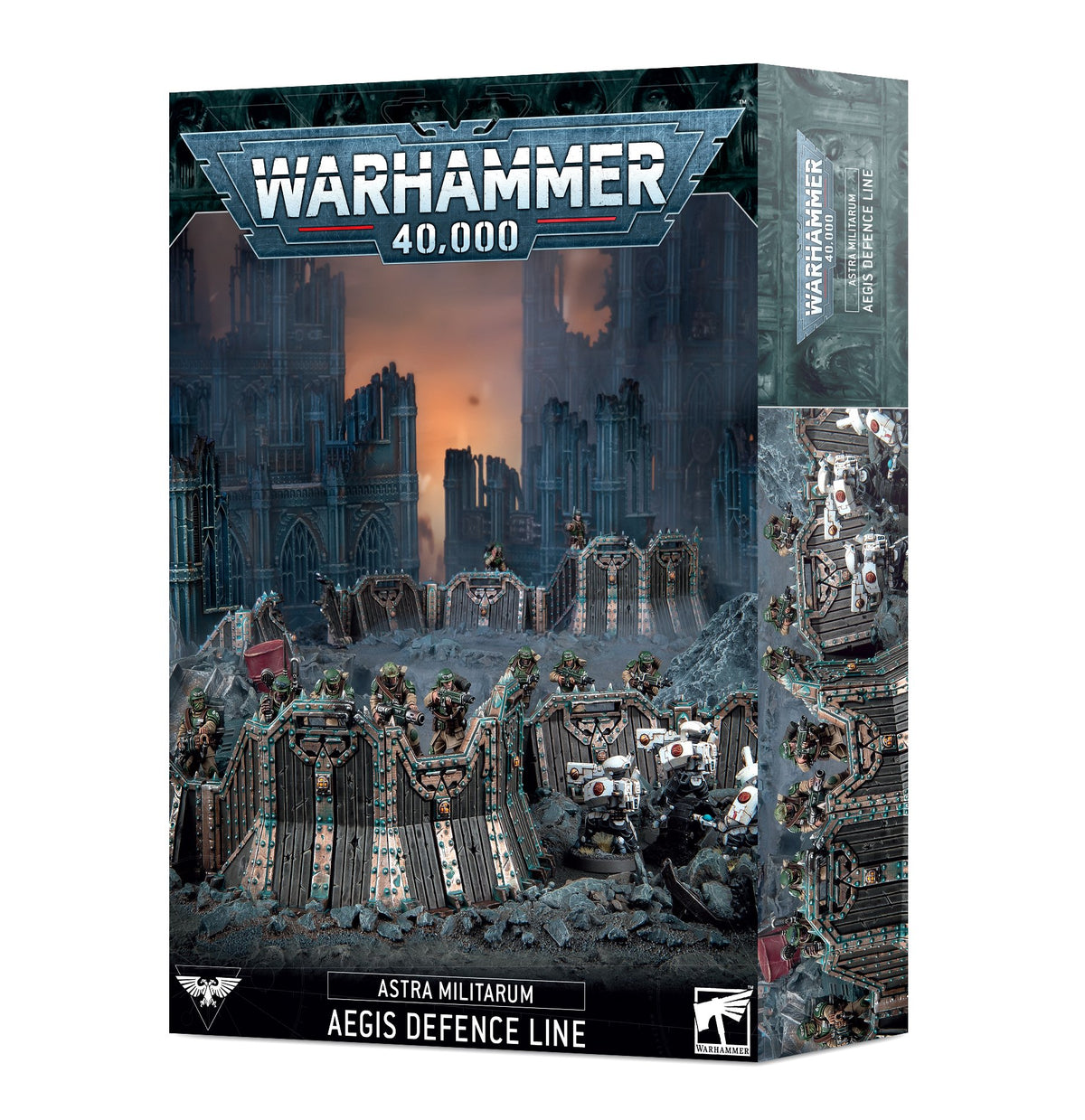 Boxed Warhammer 40,000 miniature terrain set, with artwork of dark, riveted defensive barricades, soldiers and white armored figures before ruined city buildings. The front reads “WARHAMMER 40,000” and “ASTRA MILITARUM AEGIS DEFENCE LINE”; a narrow side panel shows more battlefield artwork.