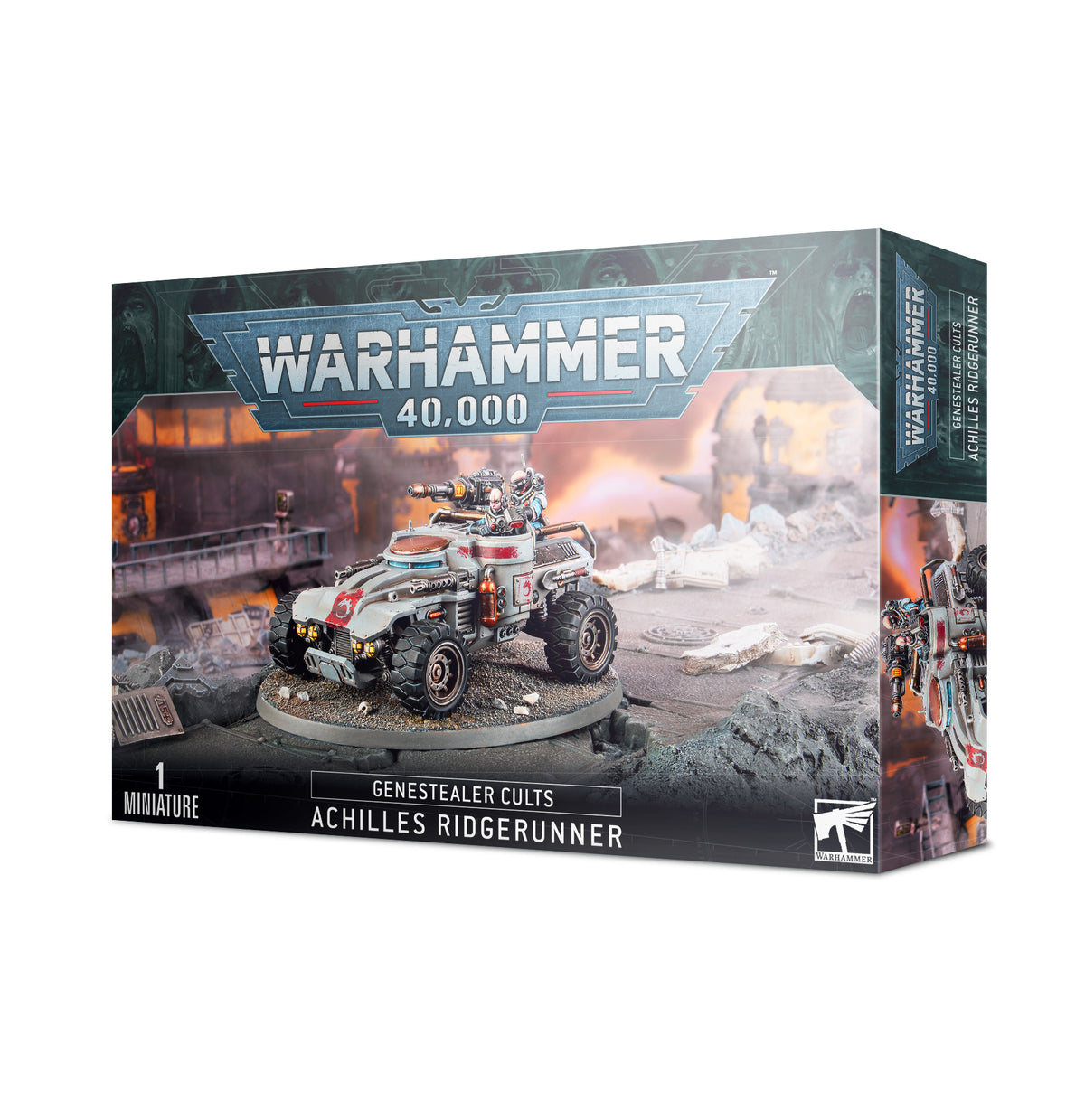 Box for a Warhammer miniature, shown from the front and right side. The artwork features a white and red armored off-road vehicle with blue accents on a rocky base; the box reads “WARHAMMER 40,000,” “GENESTEALER CULTS,” and “ACHILLES RIDGERUNNER.”