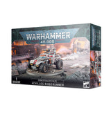Box for a Warhammer miniature, shown from the front and right side. The artwork features a white and red armored off-road vehicle with blue accents on a rocky base; the box reads “WARHAMMER 40,000,” “GENESTEALER CULTS,” and “ACHILLES RIDGERUNNER.”