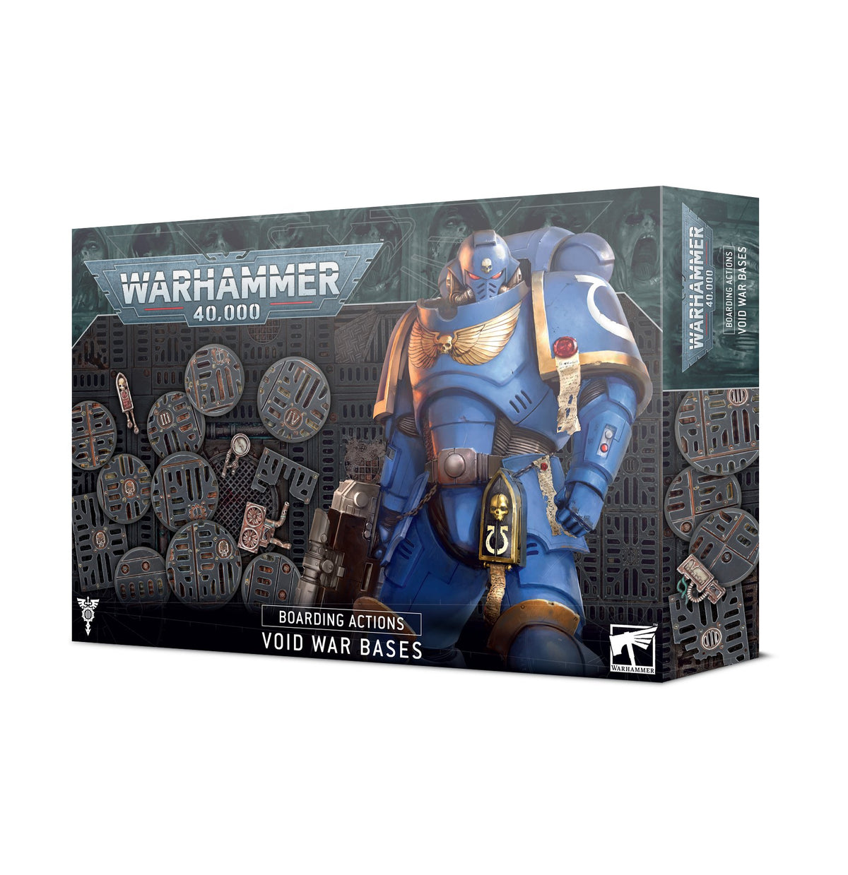 Box of Warhammer 40,000 Void War Bases, showing a blue armored warrior among assorted dark gray, sci-fi patterned miniature bases. The front reads “WARHAMMER 40,000,” “BOARDING ACTIONS” and “VOID WAR BASES”; the right side panel is also visible.