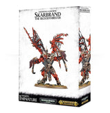 Boxed Skarbrand miniature shown from the front and right side, with artwork of a red, horned demon in spiked armor, raising two weapons beneath dark wings. The front reads “DAEMONS OF KHORNE” and “SKARBRAND THE BLOODTHIRSTER.”