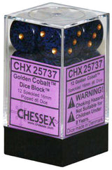 A clear plastic display case with a black base holds dark blue, speckled six-sided dice with gold pips. Purple labels on the front and side read “CHESSEX” and “Golden Cobalt.”