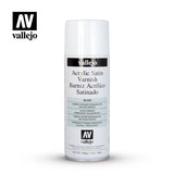 White Vallejo aerosol varnish can with a clear-white cap and pale gray label, shown upright against a white background. The label reads “Acrylic Satin Varnish” and “vallejo,” with smaller multilingual text and an AV logo.