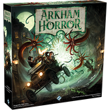 Arkham Horror: Third Edition board game box shown at an angle, with the front and left spine visible. The cover reads “ARKHAM HORROR” above green-lit artwork of investigators in a vehicle fleeing large tentacled creatures through a dark city.