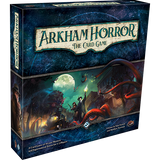 Arkham Horror: The Card Game box shown at an angle, with a dark blue cosmic design and artwork of a moonlit town, figures, and red tentacles. The front reads “ARKHAM HORROR” and “THE CARD GAME.”