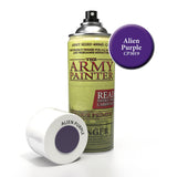 A yellow-green-labeled spray primer can with a silver top and black nozzle stands beside its white cap, which lies on its side. A purple swatch reads “Alien Purple CP3019,” and the can label reads “THE ARMY PAINTER.”
