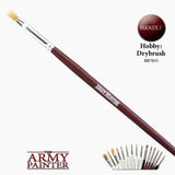 A hobby drybrush lies diagonally, with short flat yellow bristles, a silver ferrule and a long burgundy handle printed with “THE ARMY PAINTER.” The graphic also shows a row of brushes and the text “Hobby: Drybrush” and “HANDLE.”