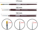 Three The Army Painter brushes are shown horizontally: a yellow-bristled Drybrush and two pointed brushes labeled Standard Brush and Small Detail, all with burgundy handles and silver ferrules. Lengths and close-up bristle measurements are marked below.