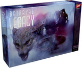 Betrayal Legacy board game box shown at an angle, with a large snarling wolf, a shadowy house and a small figure in a misty purple-blue scene. The cover reads “BETRAYAL LEGACY,” with an “AH” logo on the upper-right end.
