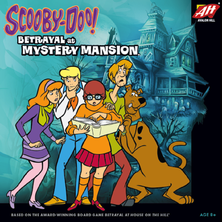Board game cover for "Scooby-Doo! Betrayal at Mystery Mansion," with the Scooby-Doo gang and Scooby gathered around a map before a spooky mansion against a teal, misty background. The red-and-white Avalon Hill logo appears in the upper-right corner.