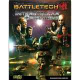 BattleTech: Interstellar Operations rulebook cover, with “BATTLETECH” in yellow and “INTERSTELLAR OPERATIONS” in silver lettering above a green armored mech, armed characters, and a starry space backdrop; Catalyst logo at the bottom.
