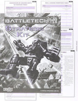 BattleTech Strategic Kit cover in grayscale and lavender, featuring large combat mechs, with several reference cards showing table layouts and lavender headers behind it. The cover reads “BATTLETECH” and “STRATEGIC KIT.”
