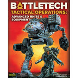 BattleTech book cover with a large blue-gray combat mech looming over a smaller armored soldier against a red-orange background. The cover reads “BATTLETECH,” “TACTICAL OPERATIONS: ADVANCED UNITS & EQUIPMENT,” and “ADVANCED PLANETARY CONQUEST RULES.”