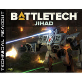 BattleTech: Technical Readout Jihad book cover showing a large gray combat mech firing amid flames and laser beams. The cover reads “BATTLETECH” and “JIHAD,” with “TECHNICAL READOUT” printed vertically on the spine.