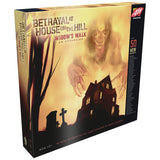 Angled box for Betrayal at House on the Hill: Widow’s Walk, showing the gold-toned front with a ghostly figure looming over a dark house and graveyard silhouettes; a narrow side panel is also visible. The cover reads “WIDOW’S WALK” and “AN EXPANSION.”