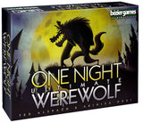 A rectangular board game box shows a black, snarling werewolf silhouetted against a large yellow moon, with dark village rooftops below. The front reads “ONE NIGHT ULTIMATE WEREWOLF” and “bezier games”; the narrow left side repeats the game title.