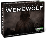 Black board game box shown at an angle, with its front, left spine and top visible. The front has a grayscale hooded figure amid misty wolf imagery, the title “ULTIMATE WEREWOLF,” and the Bezier Games logo; the bottom reads “THE EASY-TO-LEARN PARTY GAME FOR UP TO 30 PLAYERS.”