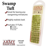 A clear blister pack of mottled green and brown Swamp Tuft model-basing foliage, with small, medium and large tufts arranged in rows. The package reads “THE ARMY PAINTER” and “SWAMP TUFT”; nearby text says it includes 77 tufts.