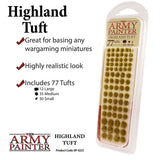 Front view of The Army Painter Highland Tuft package, a clear tall blister holding rows of small yellow-green and brown grass tufts in three sizes. The image also reads “Highland Tuft” and “Includes 77 Tufts.”