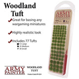 The Army Painter Woodland Tuft package shows rows of small green grass-like tufts inside a long clear blister pack. Text reads “Woodland Tuft,” “THE ARMY PAINTER,” and “Includes 77 Tufts,” with a list of large, medium and small sizes.