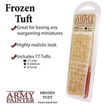 A clear hanging blister pack holds pale tan and cream miniature-basing tufts. The graphic reads “Frozen Tuft” and “The Army Painter,” and states it includes 77 tufts in three sizes: 12 large, 35 medium and 30 small.