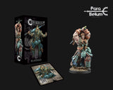 A black “Conquest” box labeled “Blooded” stands beside a painted, muscular warrior miniature with braided reddish hair, teal armor and a round base; a character card showing the warrior lies in front. The “Para Bellum” logo appears above.