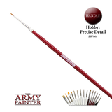A slim detail paintbrush lies diagonally on a black background, with a pointed tan tip, silver-colored ferrule and glossy red handle marked “THE ARMY PAINTER.” A fan of smaller brushes appears below beside the logo, and a circular callout reads “HANDLE.”