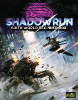 Shadowrun 6E role-playing game beginner box cover with futuristic armored figures amid a chaotic city scene and a flying vehicle, beneath a large purple dragon emblem. The cover reads “SHADOWRUN” and “SIXTH WORLD BEGINNER BOX,” with a small yellow Catalyst logo.