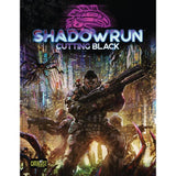 Cover of the Shadowrun 6E role-playing game book, with an armored figure holding a large gun amid a chaotic neon-lit city. Purple emblem and the title text “SHADOWRUN” and “CUTTING BLACK” appear above the artwork.
