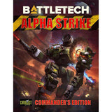 BattleTech: Alpha Strike rulebook cover with a large armored mech firing amid explosions and laser fire against a smoky battlefield. The cover reads “BATTLETECH,” “ALPHA STRIKE,” and “COMMANDER’S EDITION,” with a small “CATALYST” logo near the bottom.