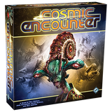 Cosmic Encounter board game box shown at an angle, with the front and left spine visible. The black box features a large multicolored alien with a curled headpiece against a smoky, space-themed scene and the title “COSMIC ENCOUNTER” in bold blue-and-yellow lettering.