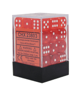 A clear rectangular block with a black base holds rows of translucent orange dice with white pips. The front label reads “CHX 23803” and “36 Orange w/white Translucent.”