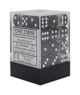 A clear cube-shaped container with a black base holds rows of translucent smoky gray six-sided dice with white pips. The side label reads “CHX 23808” and “36 Smoke/white Translucent 12mm d6 Dice Block™.”