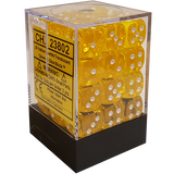 A clear square dice block packed with translucent golden-yellow six-sided dice with white pips, displayed on a black base. The yellow side label reads “CHX 23802” and “36 Yellow White Translucent Dice Block.”