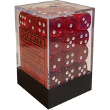 Translucent red six-sided dice with white pips are packed in a clear square display box, with several dice visible from the front and side. The front label reads “CHX 23804.”