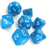 Seven bright blue polyhedral gaming dice are scattered together on a white background, each with white numerals. The set includes several different faceted shapes, shown from multiple angles with numbers visible across their faces.