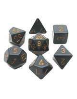 Seven dark gray polyhedral dice are arranged separately on a white background, each with copper-colored numerals. The set includes dice with triangular, square, pentagonal and many-sided faces, shown at different angles.