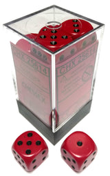 Opaque red six-sided dice with black pips are shown in a clear square case with a dark base, with two dice loose in front. A red label inside the case reads “CHX 25614.”