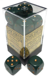 Dark dusty green six-sided dice with copper-gold pips are stacked in a clear square dispenser, with two dice displayed in front. The dispenser label prominently reads “CHX 25615.”