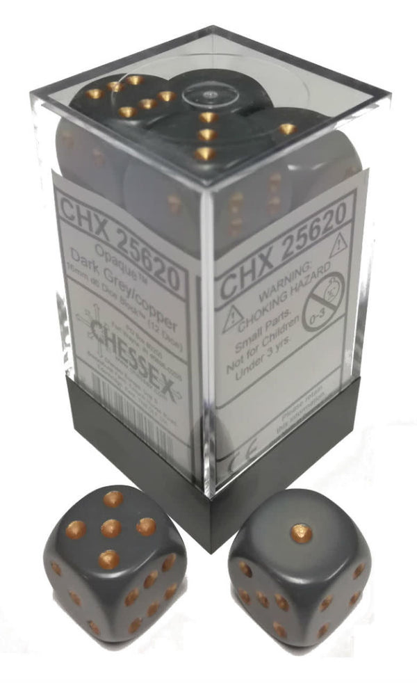 Chessex: Opaque Dark Grey/Copper Set of 12 D6 Dice
